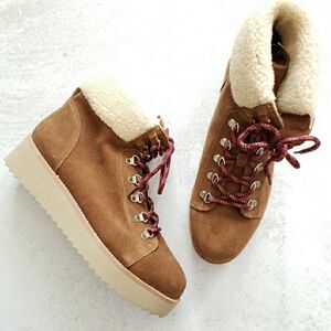 Sam Edelman Suede Franc Shearling Hiking Boots Camel Brown Lace Up Sz 8